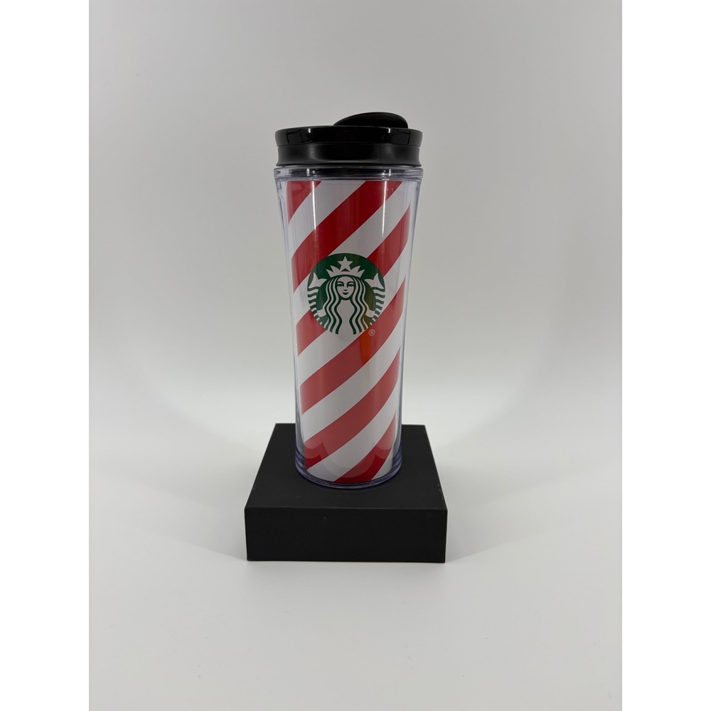 Starbucks 2009 Travel Tumbler 16oz Red White Candy Cane Stripe Holiday Lid‎